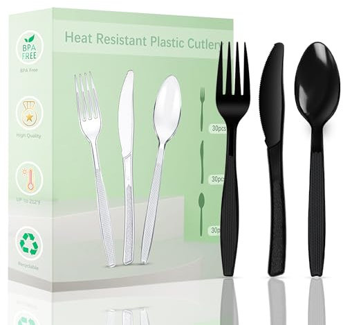 Couvert Plastique Set 90 Pièces,30 Fourchettes plastique,Couteaux et Cuillères en Plastique,Couvert Plastique Reutilisable Noir et Robuste Pour Anniversaire Barbecue Mariage ect (style 2)
