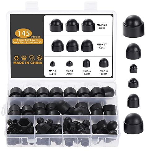 Gueenky 145 Pièces Cache Ecrou, M4 M5 M6 M8 M10 M12 Cache Boulon Noir Bouchon Ecrou Cache Tete de Vis Capuchon Ecrou, Hexagonal Protection Cache pour Écrous Vis Boulons