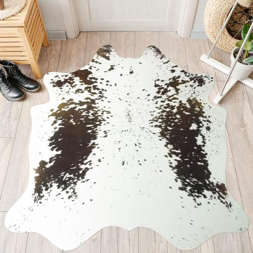 B BENRON Moderner Kuhfell-Teppich für Wohnzimmer, 1,4 x 1,6 m, Tierteppich, weiß und braun, Kuhfell-Teppich, großer Kuhdruck, rutschfest, Industrie-Stil, Westernteppiche