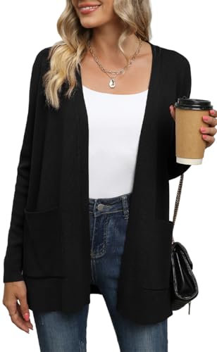 Yommay Cardigan for Women Loose Casual Lightweight Ladies Long Sleeve V-Neck Knitted Sweaters with Pockets,Black,Small