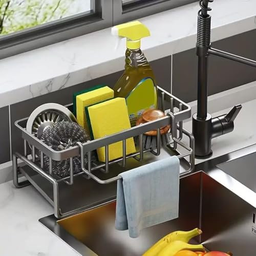 Xinwanhong Spülbecken Organizer, 1 Stück Spüle Caddy Organizer, Waschbecken Organizer Küche, Schwammhalter Organizer mit Handtuchhalter, Spülbecken Ablage mit Abtropfwanne, grau