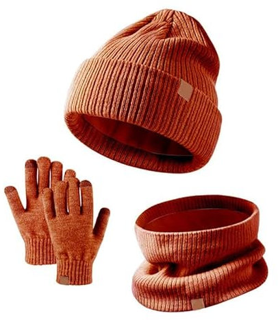 AMDOLE Schal Mütze Set Herren Mütze Handschuh Schal Sets Gestrickte Kleinkind Kappe Touchscreen Fäustling Halswärmer für Jungen Mädchen 5 14 Jahre Schal Handschuhe Hut Damen, Orange, One size
