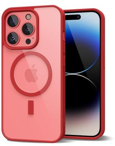 oakxco for iPhone 14 Pro Case Clear Magnetic Compatible with Magsafe, Thin Slim Transparent Non Yellowing, Hybrid Soft Silicone Bumper & Hard Plastic Protective Cover for Women, Red