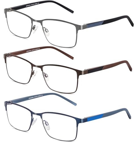 DJOLENSA 3er-Pack Lesebrillen für Männer, Blaulicht-Blocker, Computer-Lesebrille Herren, Metallrahmen mit Federscharnier & Etuis, schützt gegen Ermüdung/blendendes Licht/UV-Licht (Stärke +1.75