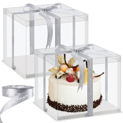 BATINO 2 Stück Transparente Tortenschachtel Tortenkarton Tortenbox, 30 x 30 x 25cm Cake Box Durchsichtig Torten Transportboxen Geschenkbox Durchsichtig mit Sockel und Band für Geburtstag Dessert