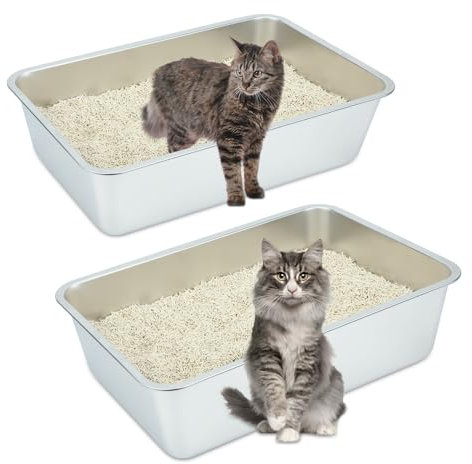 Sbayool 2 Stück Edelstahl Katzenklo Groß, Stainless Steel Cat Litter Box, Offene Katzentoilette Ohne Deckel Hop für Katzen, Antihaft Glatte OberfläChe, Niemals GerüChe, Rostschutz(60 x 40 x 15 cm)
