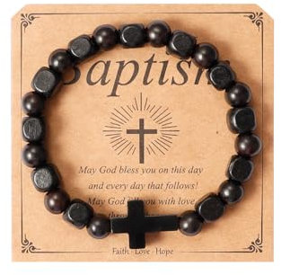 Eigso Schwarz Holzperlen Armband Ostern Geschenk für Mann Ehemann Matt Onyx Perlen Christian Kreuz Armband für Mann Frau
