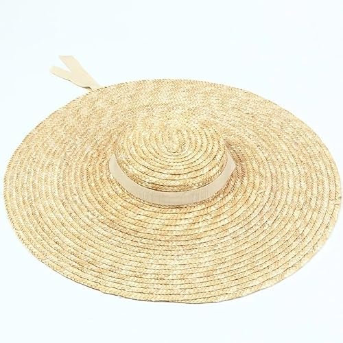 VhoMes 15cm Wide Brim Straw Hat Flat Top Summer Beach Hats For Women Ribbon Boater Hat Sun Hat Gray Black Red Pink Blue With Chin Strap(Color:Natural)
