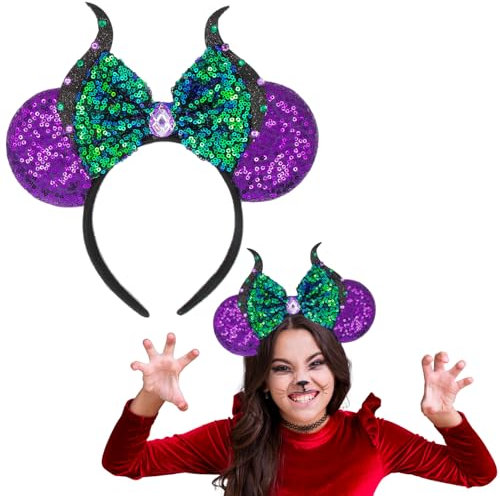 Halloween Maleficent Headband, Purple Minnie Ears Headband, Maleficent Inspired Ears, Sparkle Sequin Evil Maleficent Headpiece Woman Fancy Dress Halloween Maleficent Costumes for Adults Kids Y9CSMZFG