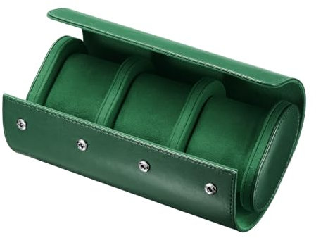 QUARKZMAN Leder Uhren Reiseetui Einzelne Uhrenrolle Aufbewahrungsbox Organizer für Männer Frauen Uhren Aufbewahrung Präsentation, 3 Fächer, Grün