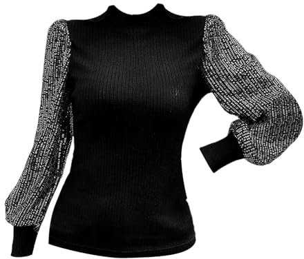 Damen-Pullover, Oberteil, gehäkelt, lässig, übergroß, gestrickt, Pailletten-Top, glitzernde Blusen, Pailletten-Ballon, Langarm-Shirts, elegante Oberteile für Party, Clubwear, kurzärmelig, Schwarz , XL