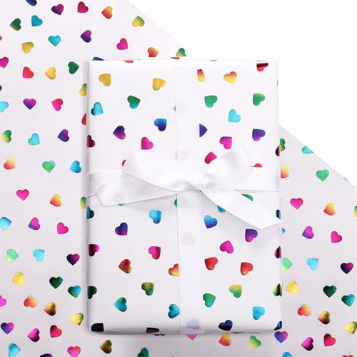 LeZakaa Geburtstags-Geschenkpapierrolle – Herzen, bedruckt, buntes holografisches Foliendesign für Geburtstag, Urlaubsparty, Babyparty, Valentinstag, Hochzeit, Geschenkpapier – 43,2 x 16,4 m (23,2 m²)