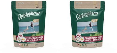 Christopherus Grainfree, Vollnahrung für den ausgewachsenen Hund mit normaler Aktivität, Trockenfutter, Hirsch + Kartoffel, Krokettengröße ca. 1 cm, Ausgewachsener Hund, 1,5 kg (Packung mit 2)