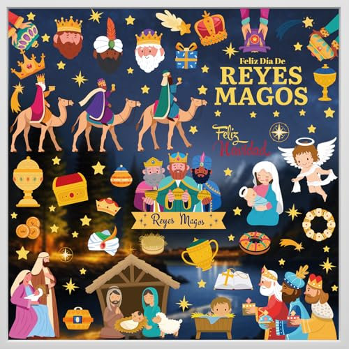 Pegatinas de Ventanas Reyes Magos, Hianjoo 9 Hojas Pegatinas Navideñas Feliz Dia de Reyes Magos Feliz Navidad Decoración Belen Navidad Electrostáticas PVC Para Espejo Oficina Restaurante Tienda Fiesta