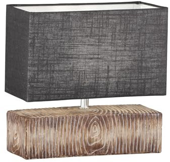 Tischlampe mit Keramikfuß Holzoptik & Leinenschirm Grau, 30cm klein