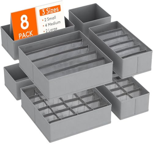 Lifewit 8 Pack Underwear Storage Organiser, Foldable Fabric Chest of Drawer Dividers for Closet Bedroom, Collapisble Cube Honeycomb Boxes for Sock, Bras, Clothes Organization, Light Grey
