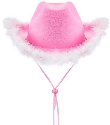 LYSINK Cowboyhut für Damen, Diamant-Quaste, Cowgirl-Hut, Strass-Fransen, Kuh-Jungen-Hüte, Rave-Junggesellenabschied-Zubehör, A-Pink weiße Federn, Einheitsgröße