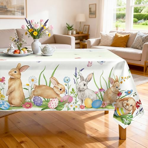 Arquiel Ostern Hase Polyester Tischdecke Rechteckig 152 x 264 cm Waschbar | Waschbare Polyester-Tischdecke mit Hase-Motiv, wasserabweisend und pflegeleicht für Küche, Esszimmer, Feste und Feiern.