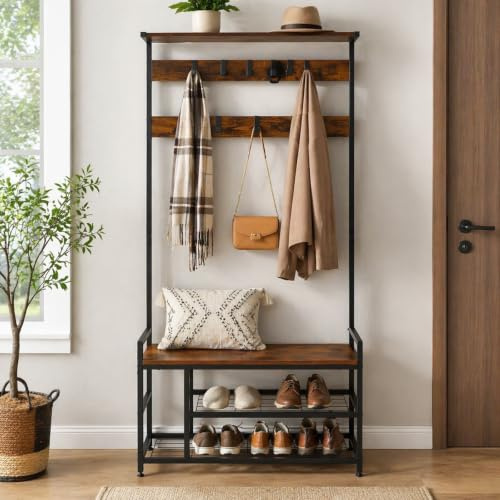 BIGTREE Garderobenständer, Garderobe mit Schuhbank, Kleiderständer mit Schuhregal und 7 abnehmbare Haken, 4-in-1 Multifunktions Garderobenständer aus Metall, 30 x 80 x 180 cm, für Eingang,Schlafzimmer