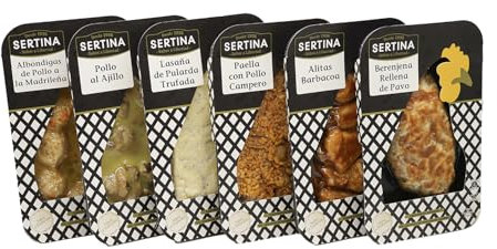 Sertina Platos Preparados Gourmet Pack SURTIDO MIX de 6 x 350g - Alitas de pollo a la barbacoa, Lasaña Pularda, Albóndigas de Pollo, Pollo al Ajillo, Berenjenas Rellenas y Paella Con Pollo de Corral.
