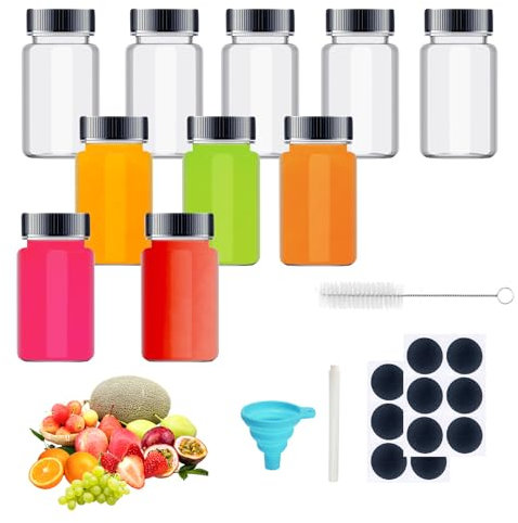 10 Pcs Reusable Glass Shot Bottles (2oz/60ml) - Leakproof & Dishwasher Safe Empty Mini Ginger Bottles, Juice Drinking Glasses with Secure Lids - Portable Travel Shots for Camping, Parties, Bar, Gifts