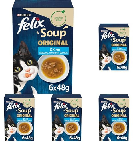 FELIX Soup Original mit Kabeljau, Thunfisch, Scholle Katzennassfutter 6x48g Portionsbeutel (Packung mit 5)