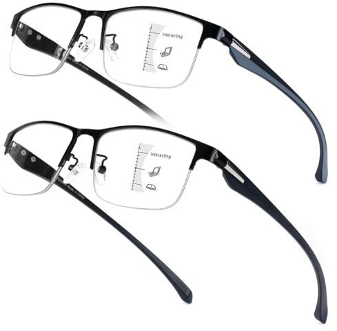 Missfive 2 Pack Gleitsichtbrille Herren Progressive Multifokus Lesebrille, TR90 Bügel Blaues Licht Blocking Anti UV/Augenbelastung Gleitsicht Lesebrille No-Line Halbrahmen Multifokalbrille, 1.25x