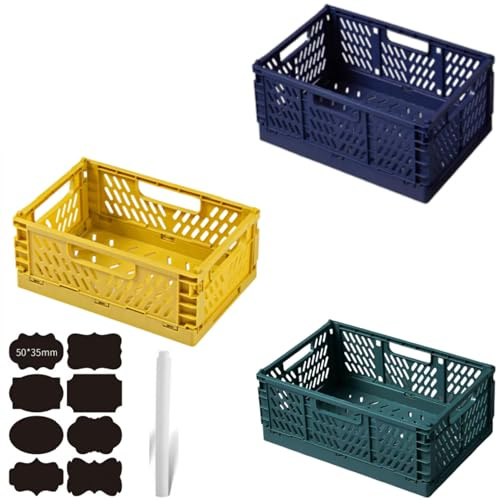 CNKHDZ 3 Stück Klappbox Klappkiste Blau, Grün, Gelb 30×20×12 cm Klappboxen Faltbar Stabil Klappkorb Faltbar Klappkorb Aufbewahrungsbox Boxen Aufbewahrung für Küche,Arbeitszimmer,Büro