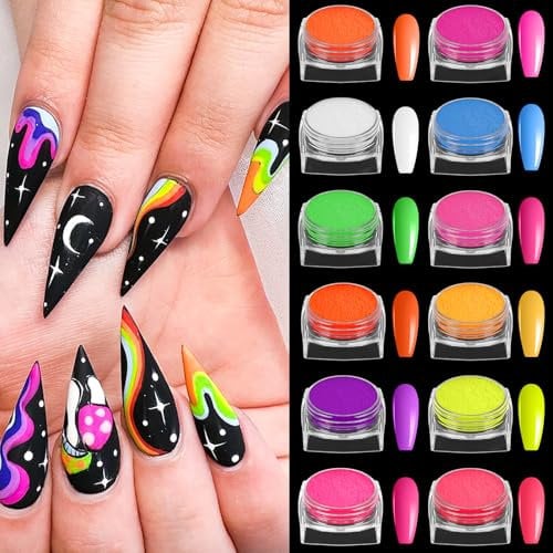 LOPHE Neon Farbe Nagelpulver, 12 Colors Nail Art Staub Pigment Neon Phosphor, Nail Powder pigment für Nägel, für DIY Nagel Kunst Dekoration, Halloween Neon Make-up
