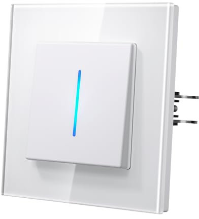 MVAVA Interruptor pared con Cristal,Interruptores de luz con Garfio,Basculante Con Pilotitos LED,Fácil Instalación,Conectores de Resortes,1 Gang 1 Vía,86mm Blanco
