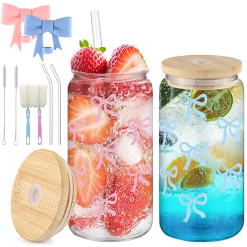 Demarsen Glasbecher Mit Deckel Und Strohhalm Glasbecher 16 Oz Coquette Bow Design,Vielseitiges Trinkglas Geeignet für Eiskaffeetassen,Limonaden,Smoothies,Bier,Cocktails (2 Stück)