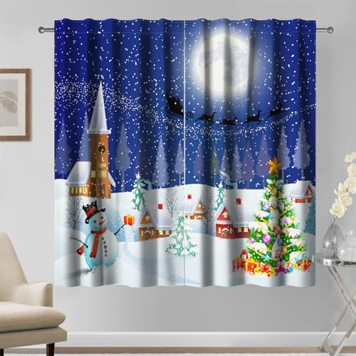 Kzzfqxb 117x138cm Vorhänge mit Stangentasche 2 Paneele, Weihnachten Neujahr Schneiendes Dorf Häuser Schneemann Blaue Nacht Lichtfilterung Vorhang, Winter Dekoration für Schlafzimmer und Wohnzimmer