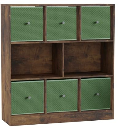 URBNLIVING 8 Cube Asymmetrical Bookcase with 6 Fabric Storage Drawers, Modern Freestanding Shelving Unit for Books, Toys & Decor, Engineered Wood Organizer Cabinet for Home & Office