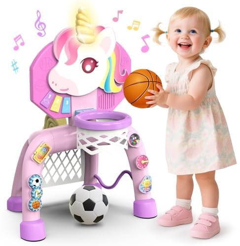 POPERFUN Basketballkorb Kinder & Fussballtore für Garten Kinder 1-3 Jahren, Einhorn Geschenke für Mädchen 12-36 Monate, Basketballkorb Indoor mit Lichtern Sound Musik, Weihnachts Geburtstagsgeschenke