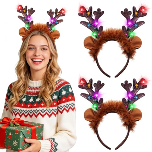 2 Stück Rentier Stirnband mit LED,Weihnachts Haarreif mit LED,Weihnachts Kopfschmuck,Weihnachten Beleuchtete Stirnbänder,Weihnachten Haarband,Weihnachts Haarschmuck für Weihnachten Party Haarschmuck
