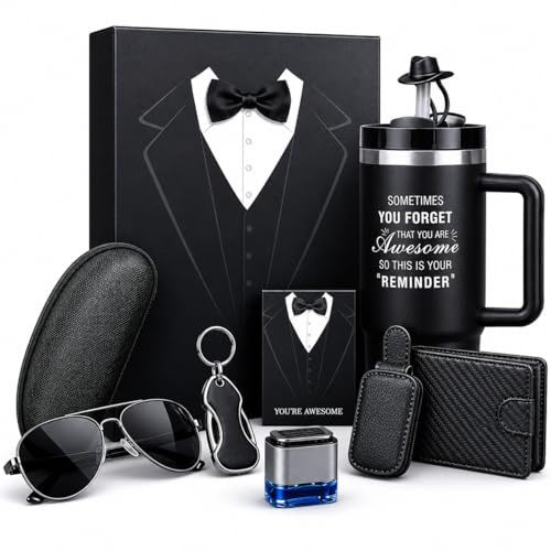 Regalos para Hombre, Set de Regalo Hombre 6 en 1 con Taza Térmica de Acero Inoxidable, Cartera, Gafas de Sol y Llaveros, Ideas de Regalo para Padre, Novio, Marido, Cumpleaños, Navidad, Aniversario