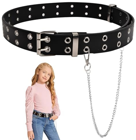 xianynow Punk Kinder Gürtel, Doppelte Öse Kindergürtel mit Abnehmbarer Kette für Jungen Mädchen, PU Taillengürtel Nietengürtel für Jeans, Röcke, Kleid
