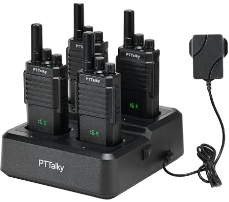 PTTalky PR2 PLUS 4-Pack PMR446 Walkie Talkies with 4 Way Charger, 16 Channels, USB-C Rechargeable, VOX, Display, License-Free Two-Way Radios for Outdoor, Warehouse, Event & Retail Use