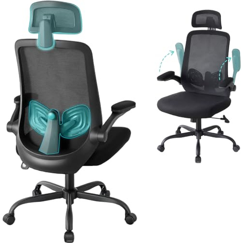 DUMOS Bürostuhl Ergonomisch, Gaming Stuhl mit Verstellbarer Kopfstütze, Armlehnen Schreibtischstuhl, Office Chair, Drehstuhl Lendenwirbelstütze, Chefsessel aus Mesh, Rückenschonend, Bürostuhl 150kg