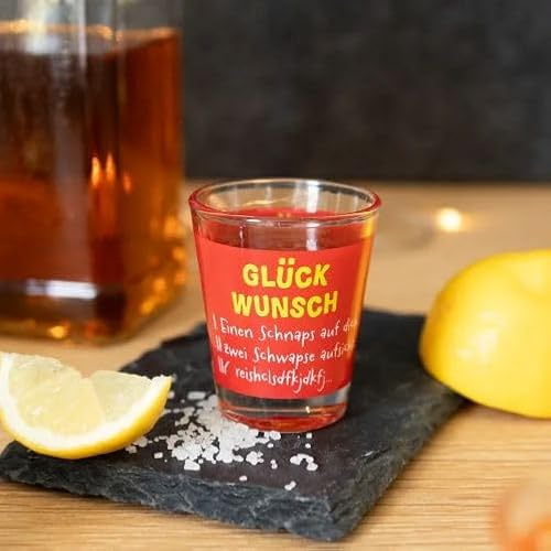 Robustes Sheepworld Schnapsglas mit lustigem Spruch Glückwunsch