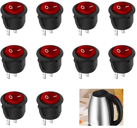 10 interruptores basculantes redondos de 2 polos, interruptor basculante redondo de encendido/apagado, mini interruptor basculante redondo, interruptor basculante, rojo, diámetro grande, redondo