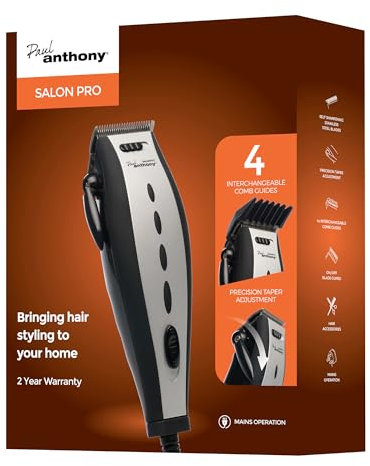 Paul Anthony Salon Pro Corded Hair Clipper - Lightweight - Self Sharpening Stainless Steel Blades - 4 Interchangeable Comb Guides - Precision Taper - Powerful Quiet Motor - Silver & Black - H5120BK