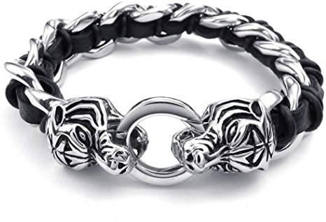 KONOV Schmuck Herren Armband, Biker Tiger Link, Leder Edelstahl, Schwarz Silber (mit Geschenktasche)