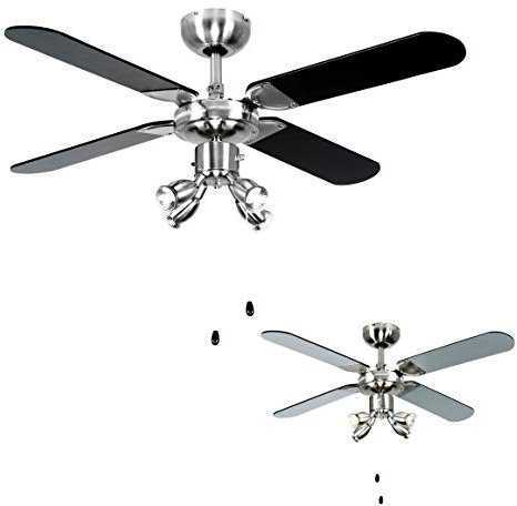 MiniSun | Chrome 42 Modern Ceiling Fan with Spot Lights & Black/Silver Reversible Blades - Complete 3w LED GU10 Light Bulbs [3000K Warm White] | Ceiling Fans & Home Improvements Essential