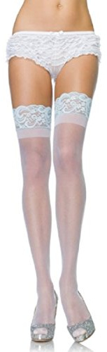 Leg Avenue - Transparente Stay-Ups mit Spitzenabschluss - Plus Size - Weiß/Blassblau - 1090Q