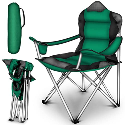 TRESKO® Silla de Camping Plegable y transportable | hasta 150 kg | Silla de Pesca portátil con reposabrazos y portabebidas (Verde)
