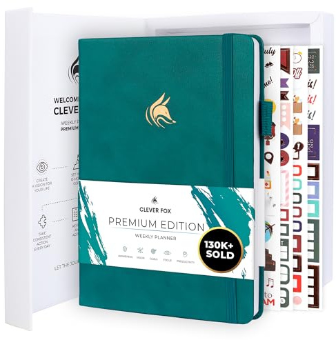 Clever Fox Planner Premium, Undated Weekly & Monthly Planner, Teal | Advanced planner with gift box & stickers, daily day organizer for women, men & entrepreneurs, A5 eco leather hard cover