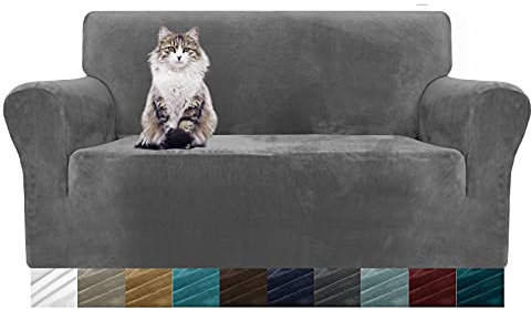 MAXIJIN Dicke Samt-Sofabezüge, 2-Sitzer, super dehnbar, Zweisitzerbezüge für Wohnzimmer, Hunde, Katzen, Haustiere, Plüsch, Liebessitz, Couch, Schonbezüge, elastischer Möbelschutz (2-Sitzer, Grau)