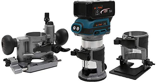 KATSU Set di Rifilatore Fresatrice Verticale per Legno a Batteria 18V con 3 Basi + 3 Pinze da 6mm, 8mm e 10mm + Batteria da 4,0Ah e Caricabatterie