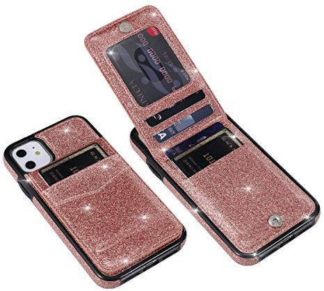 UEEBAI Wallet Case for iPhone 11, Glitter Ultra Slim PU Leather Case Back Wallet Kickstand Cover with Card Holder Slots Magnetic Clasp TPU Shockproof Flip Folio Case for iPhone 11 - Rose Gold